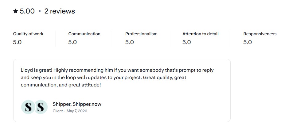 Client review from Shipper, Shipper.now, praising Lloyd's quality, communication, attitude, and responsiveness